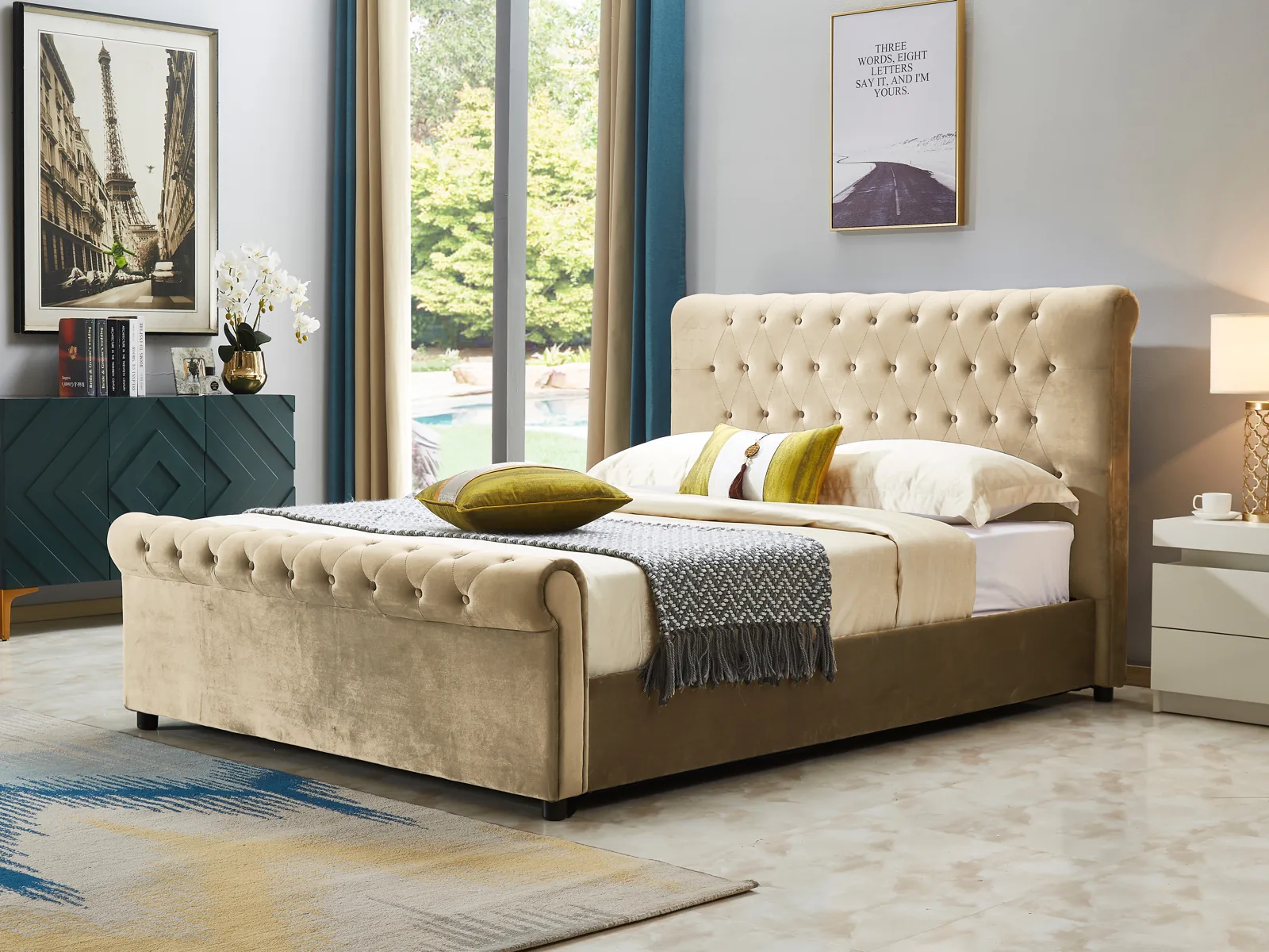 Cream Scroll-Back Tufted Bed