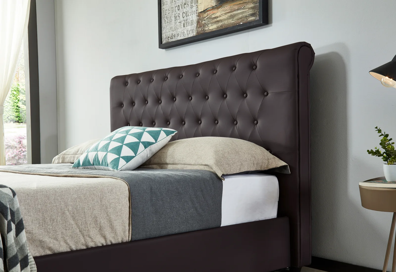 Scroll-Top Diamond-Tufted Bed