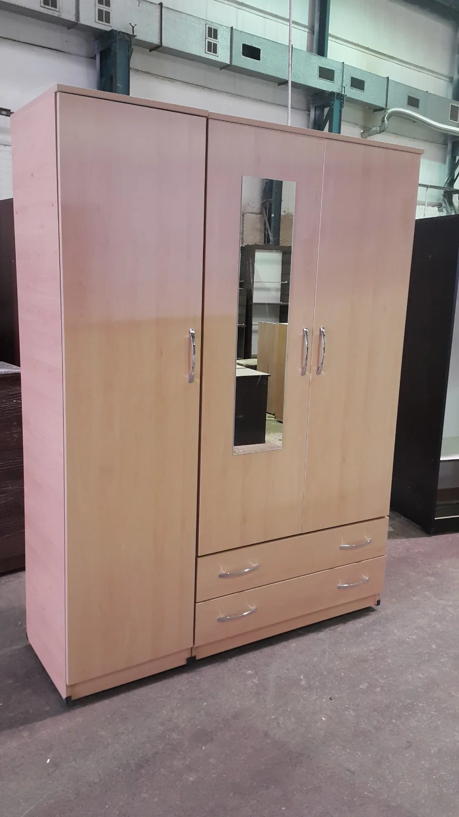 Oak-finish wardrobe with mirrored doors